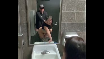 Sneaky Sex in Public Restroom and Blowjob with Door Open